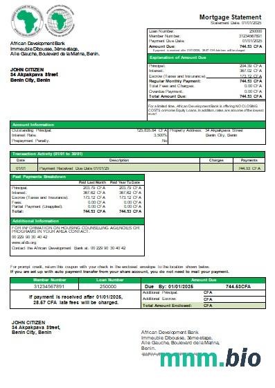Benin Afrykański Bank Rozwoju wyciąg z kredytu hipotecznego szablon Word i PDF